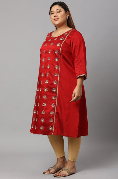 Red Zari Embroidered Plus Size LIVA kurta - wforwoman