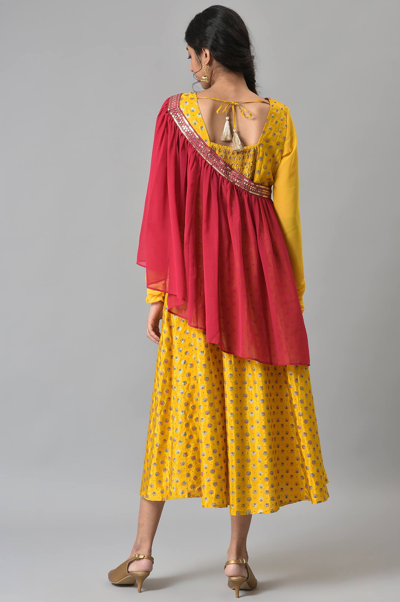 Yellow Zari Embroidered Dress with Pink Embroidered Dupatta