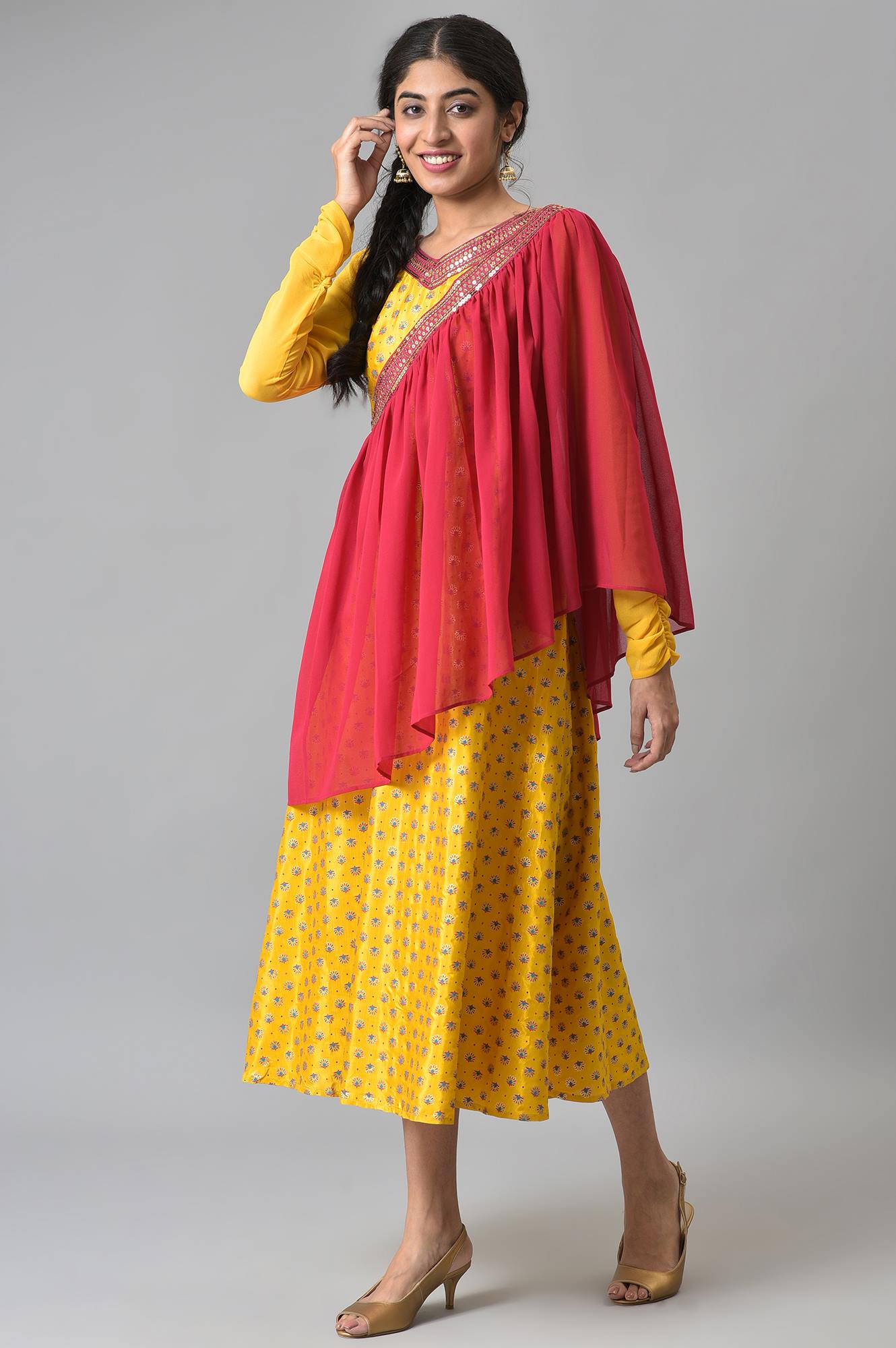 Yellow Zari Embroidered Dress with Pink Embroidered Dupatta