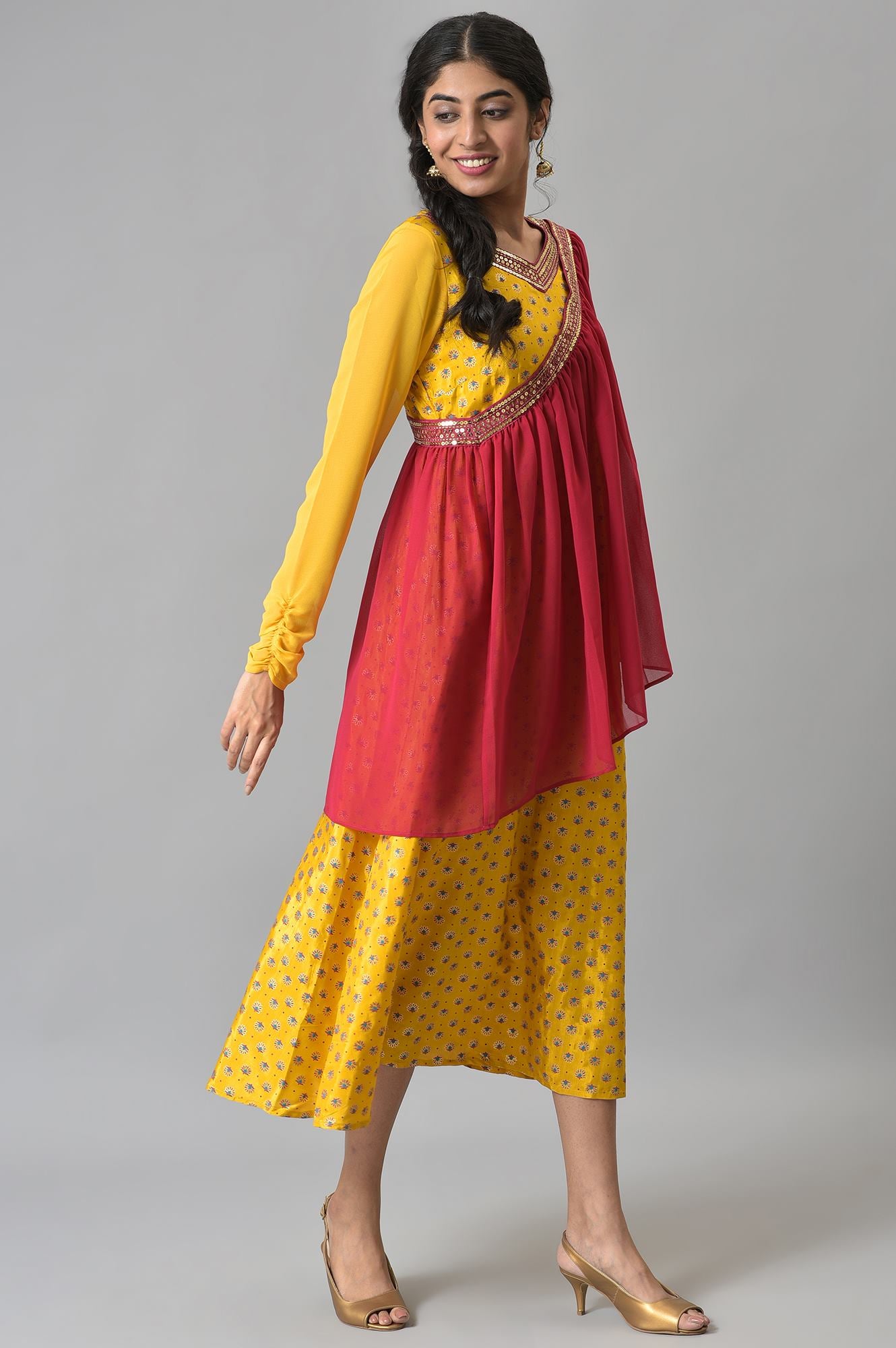 Yellow Zari Embroidered Dress with Pink Embroidered Dupatta