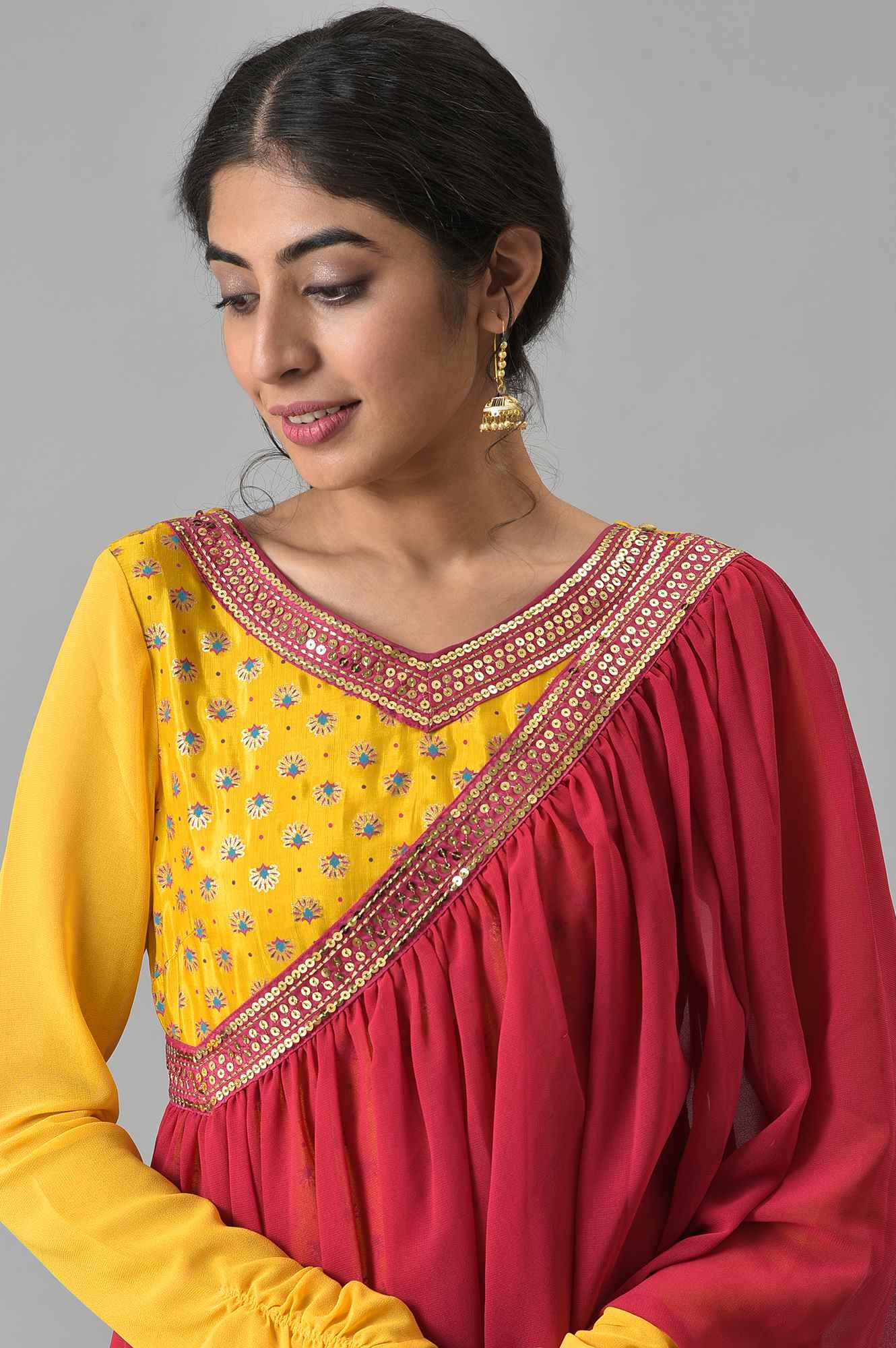 Yellow Zari Embroidered Dress with Pink Embroidered Dupatta