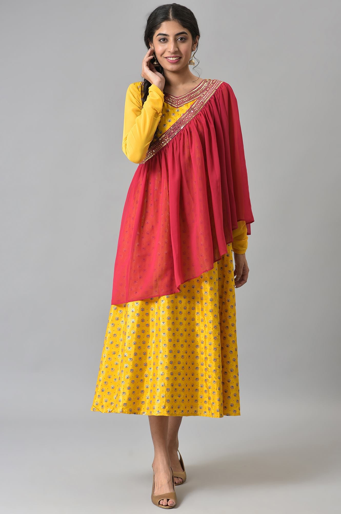Yellow Zari Embroidered Dress with Pink Embroidered Dupatta
