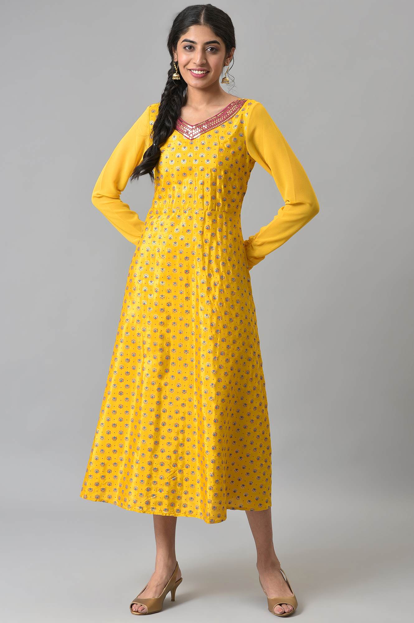 Yellow Zari Embroidered Dress with Pink Embroidered Dupatta