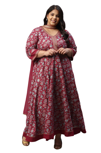 LIVA Maroon Floral Printed Dress with Embroidered Dupatta - wforwoman