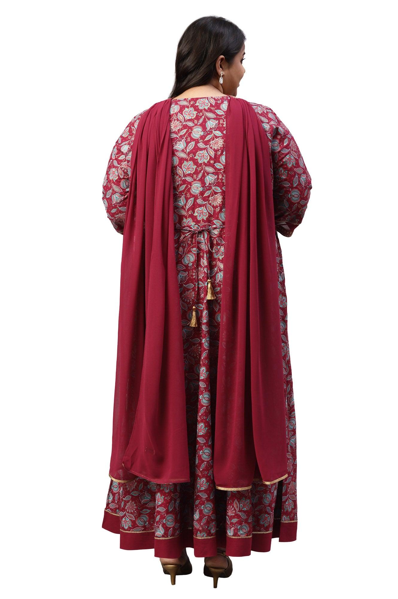 LIVA Maroon Floral Printed Dress with Embroidered Dupatta - wforwoman