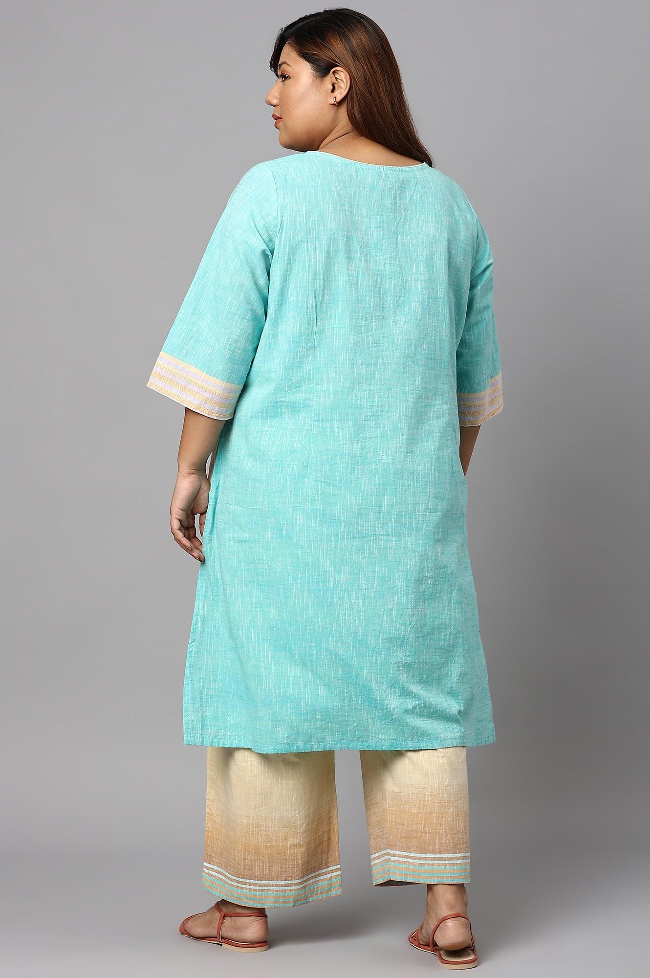 Plus Size Blue Textured Cotton kurta with Yellow Pants - wforwoman