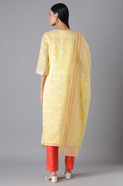 Yellow Printed kurta Orange Trousers and Dupatta Set