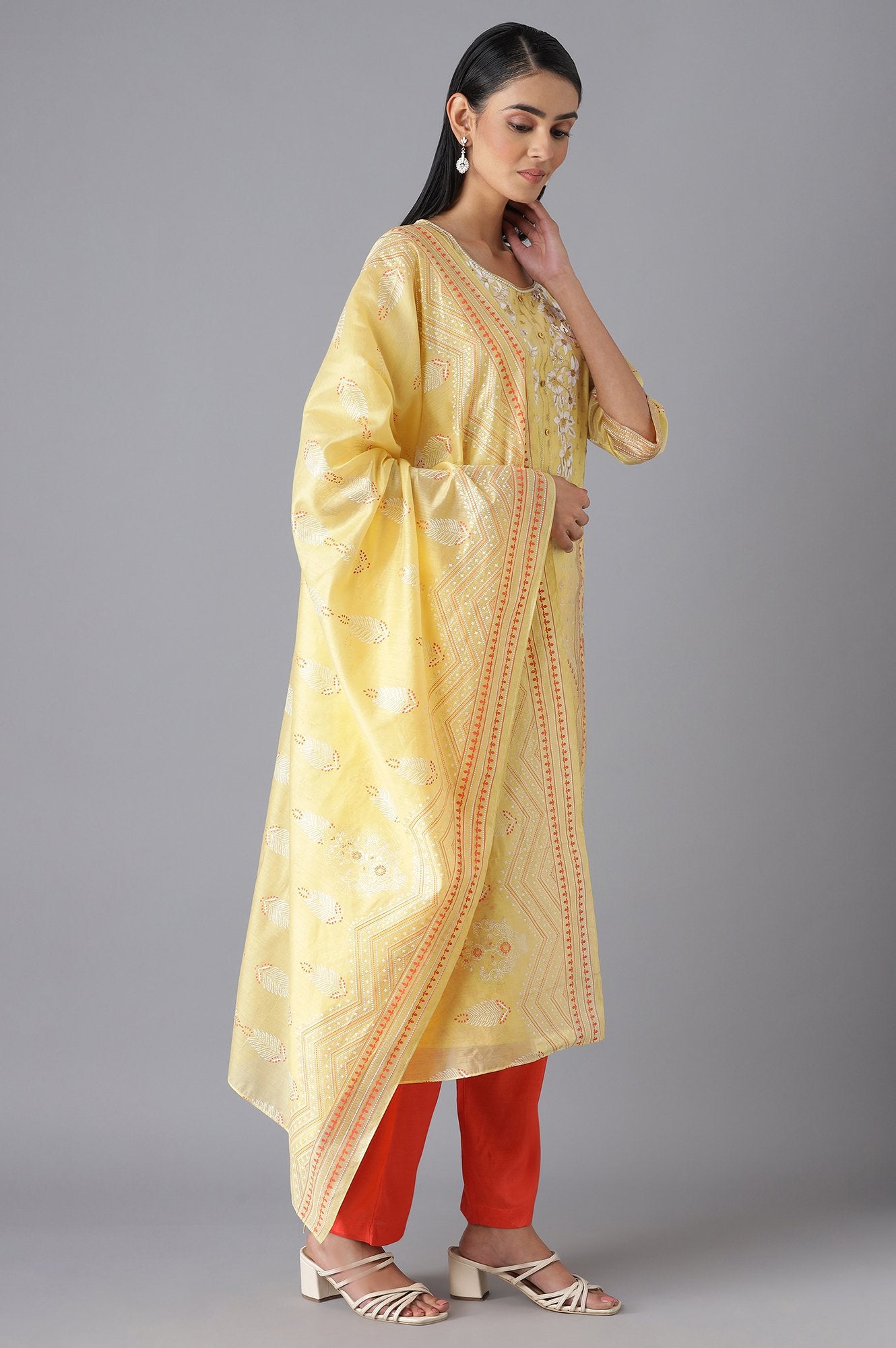 Yellow Printed kurta Orange Trousers and Dupatta Set