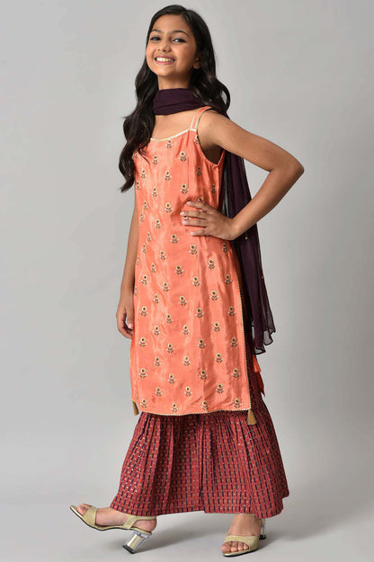 LIVA Girls Orange Embroidered kurta with Purple Sharar and Dupatta