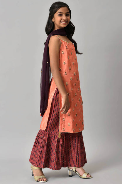 LIVA Girls Orange Embroidered kurta with Purple Sharar and Dupatta