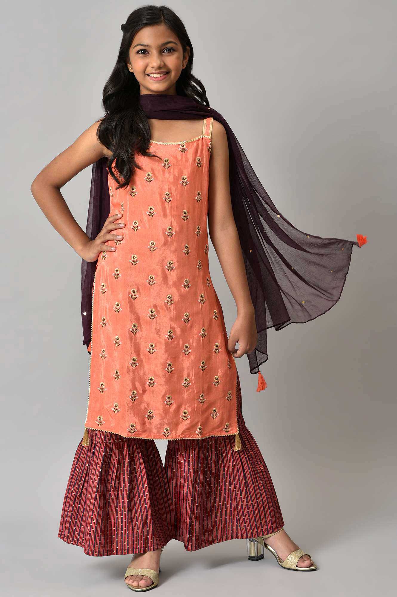 LIVA Girls Orange Embroidered kurta with Purple Sharar and Dupatta