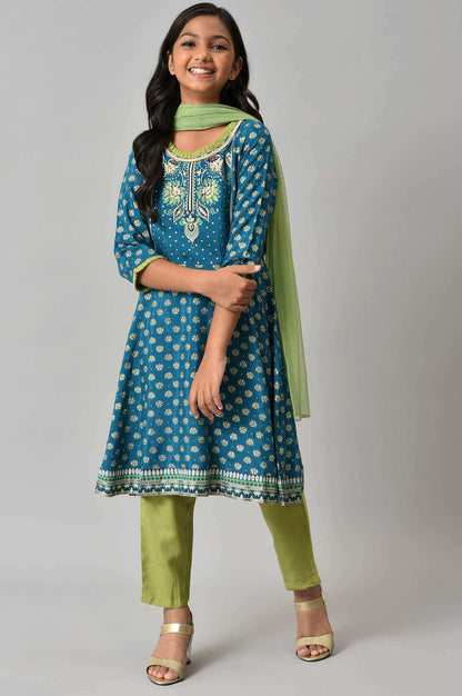 LIVA Girls Blue Floral Printed kurta with Green Trousers and Dupatta