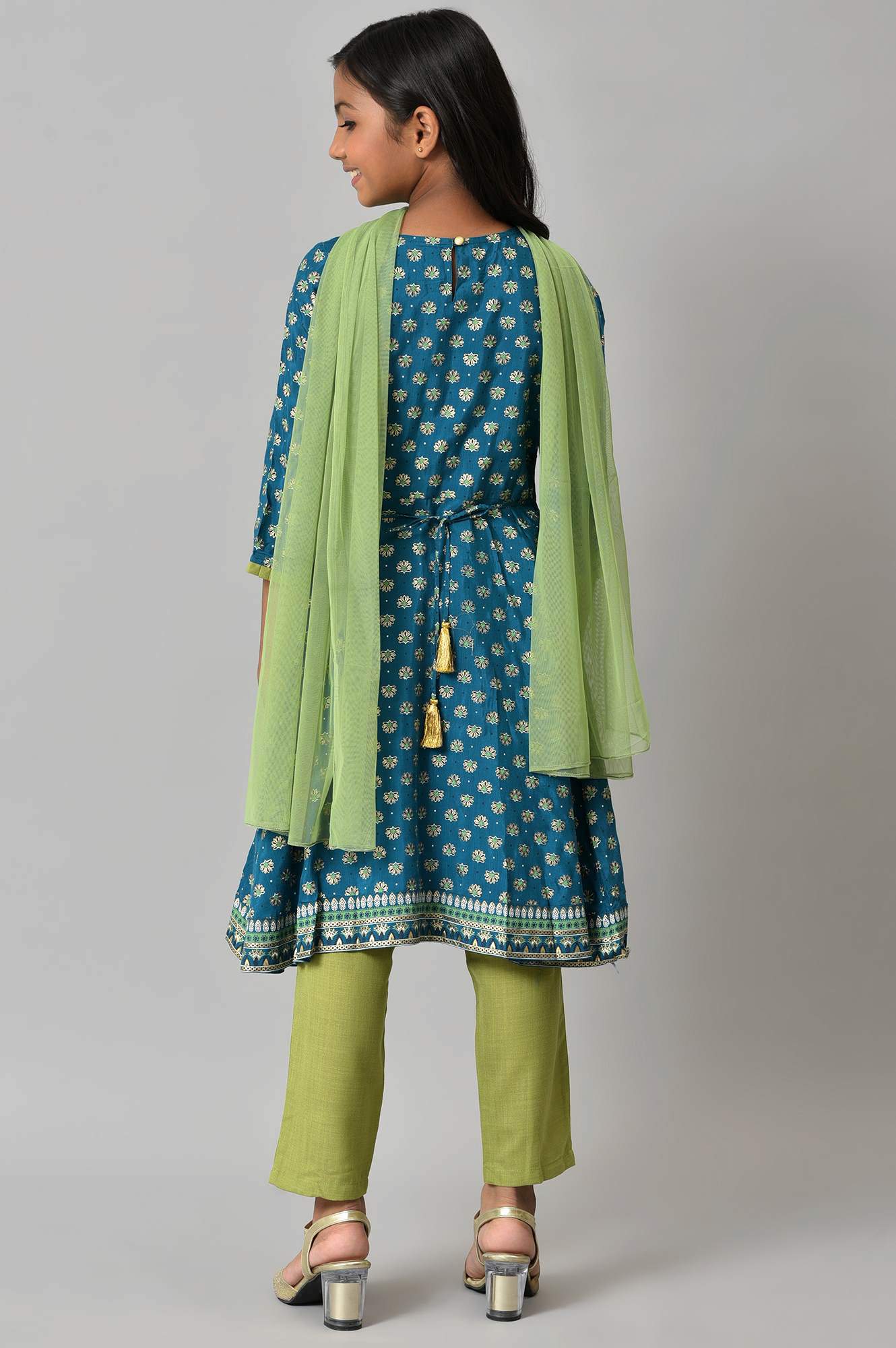 LIVA Girls Blue Floral Printed kurta with Green Trousers and Dupatta