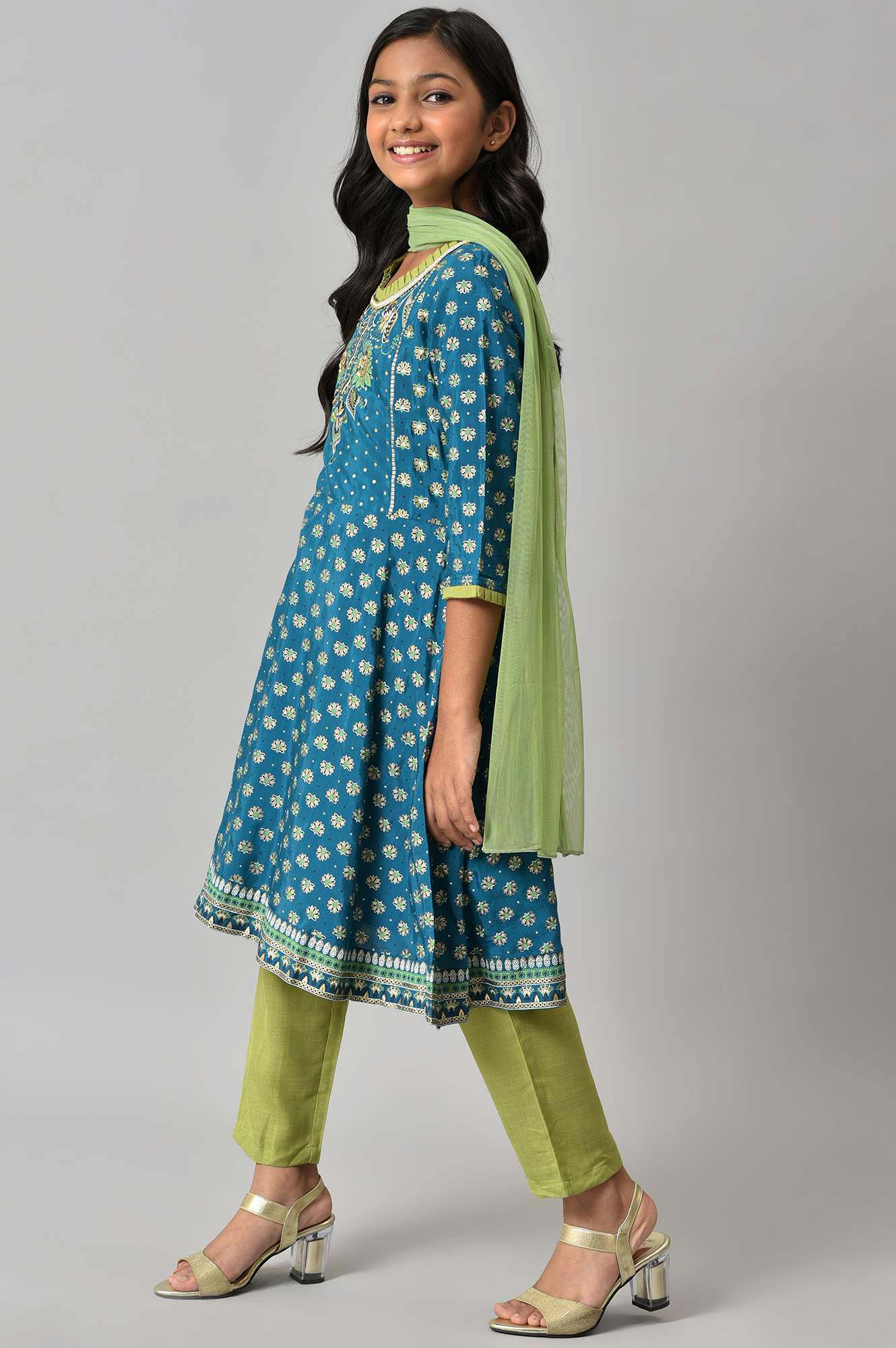 LIVA Girls Blue Floral Printed kurta with Green Trousers and Dupatta