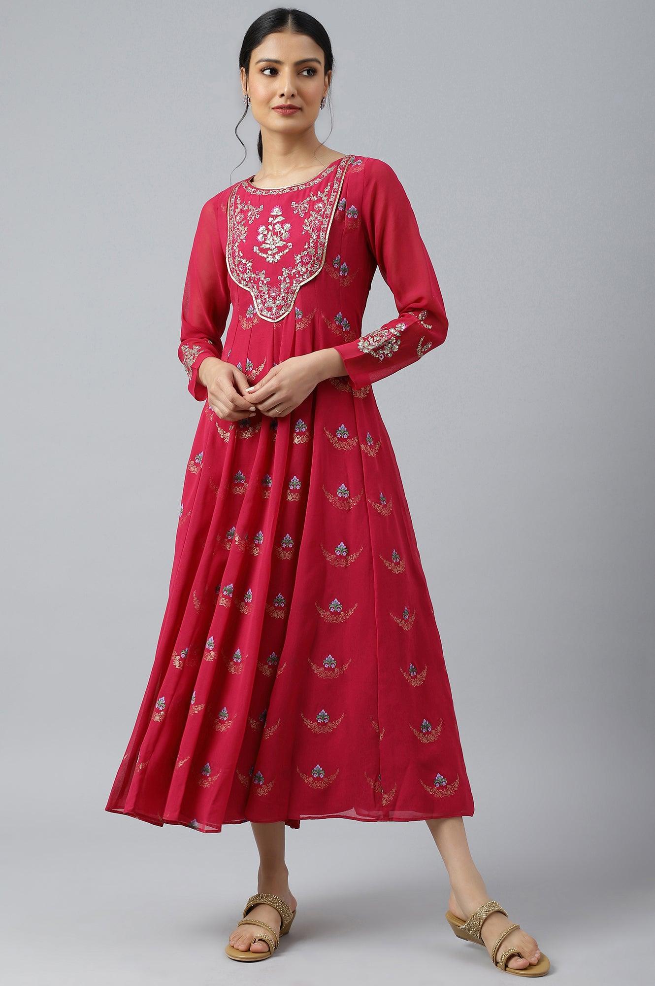 Pink Embroidered Panelled Georgette Dress - wforwoman