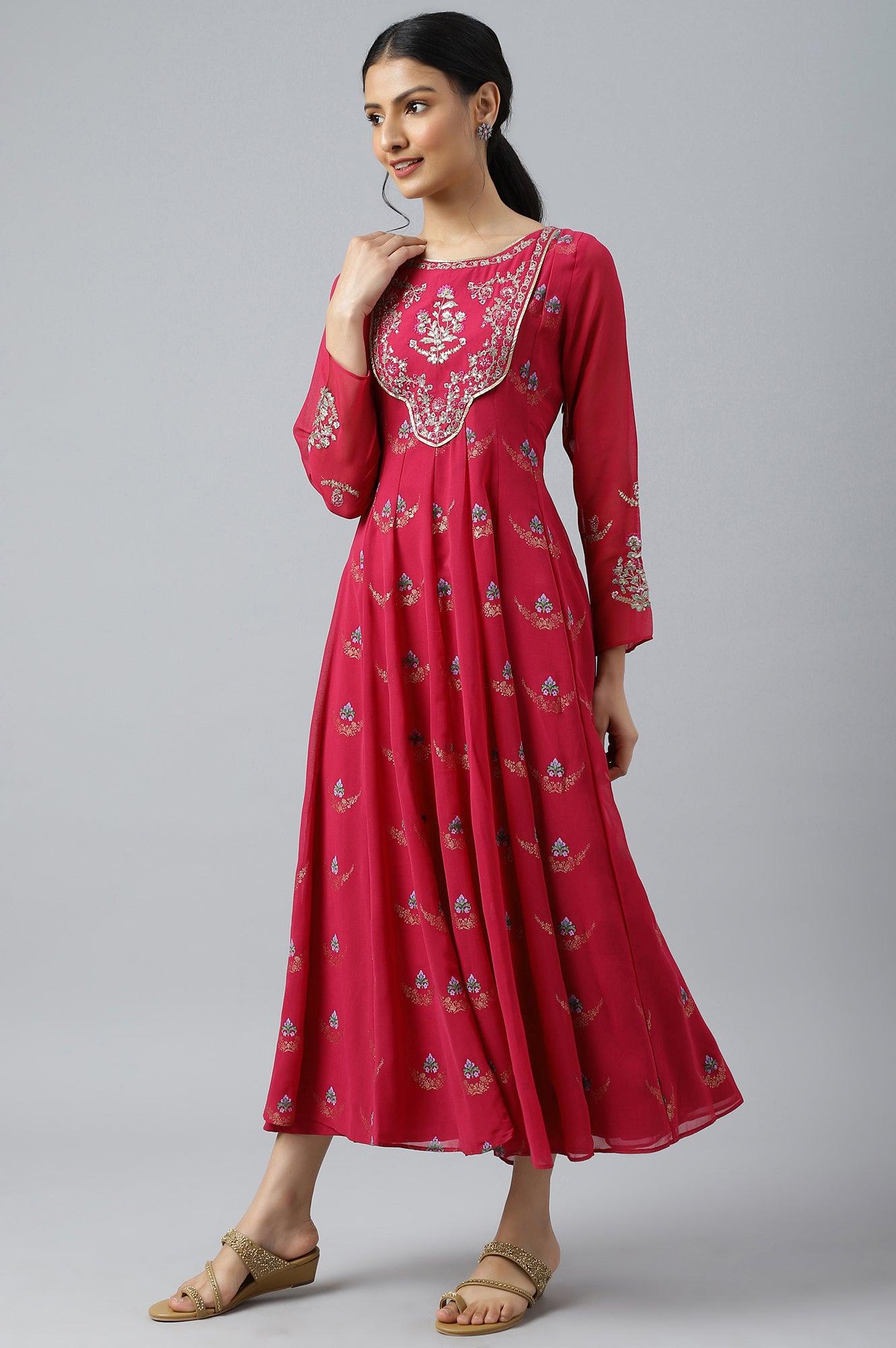 Pink Embroidered Panelled Georgette Dress - wforwoman