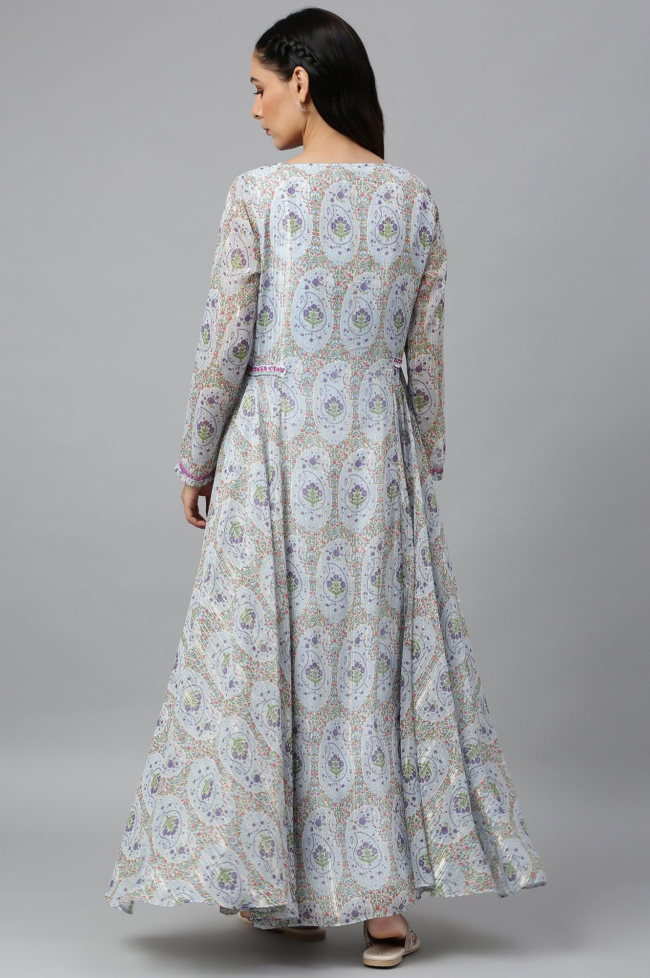 Light Blue Paisley Print Chiffon Dress With Sequin - wforwoman