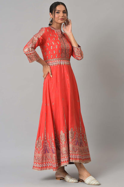 Tomato Red Festive Mughal Gown - wforwoman