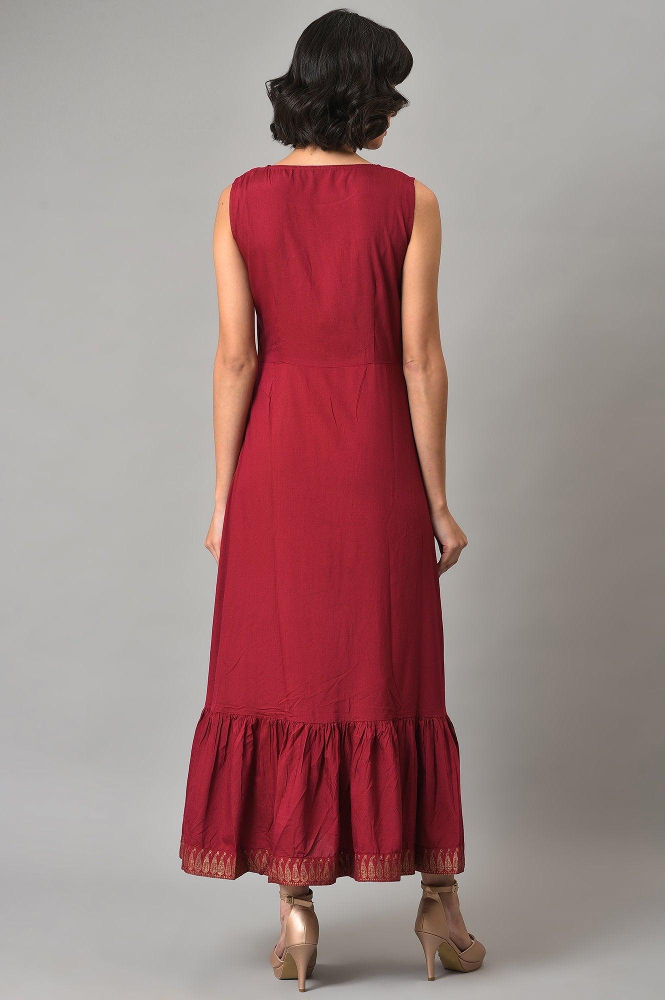 Green Mock Angrakha Gillet With Maroon Tiered Dress - wforwoman