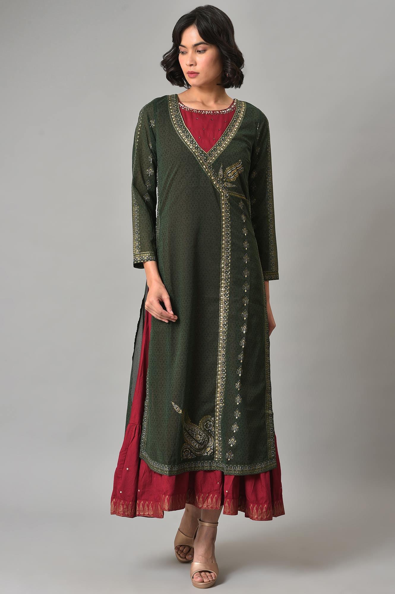 Green Mock Angrakha Gillet With Maroon Tiered Dress - wforwoman