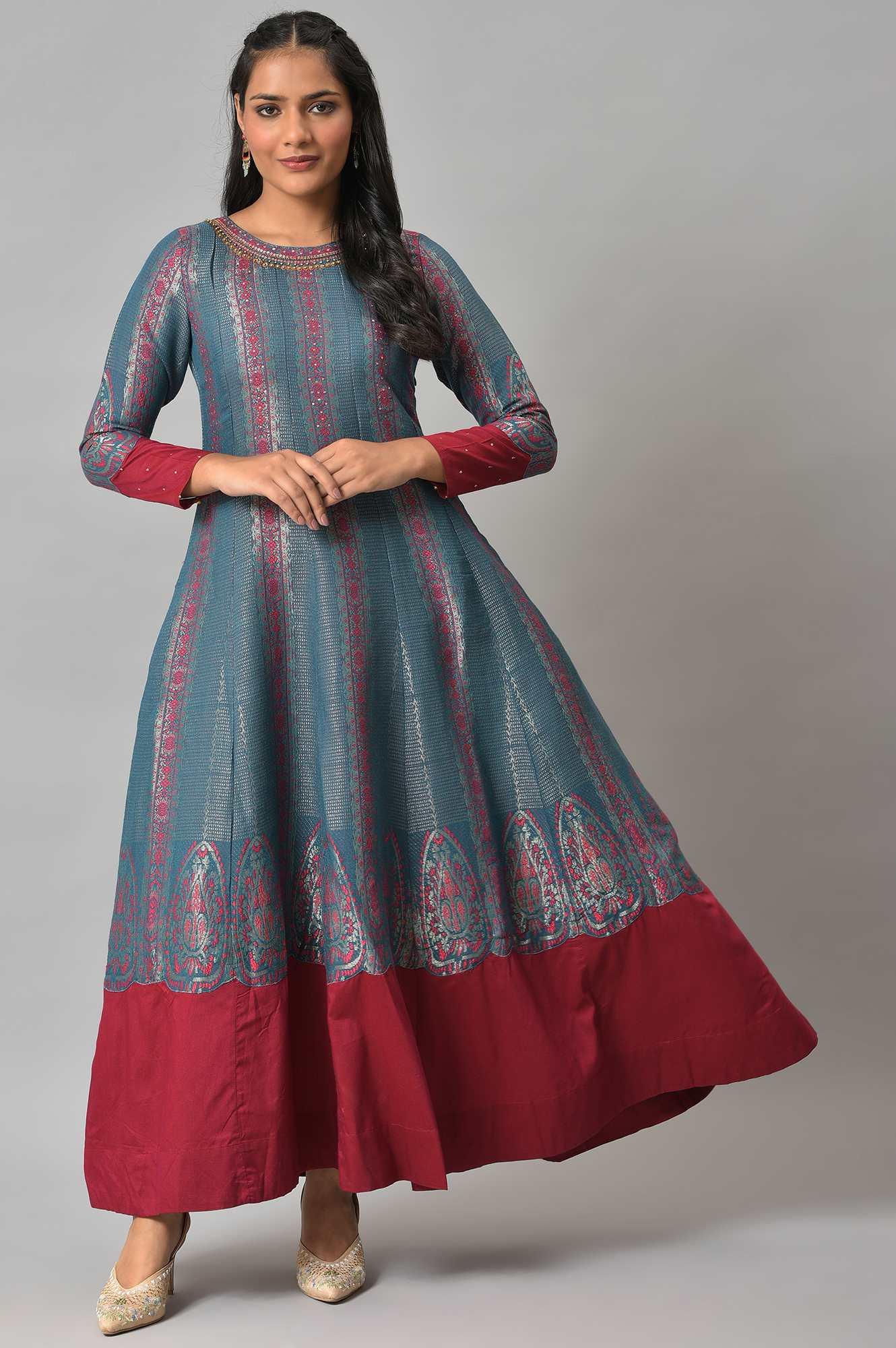 Teal And Pink Panelled Festive Winter Dress - wforwoman