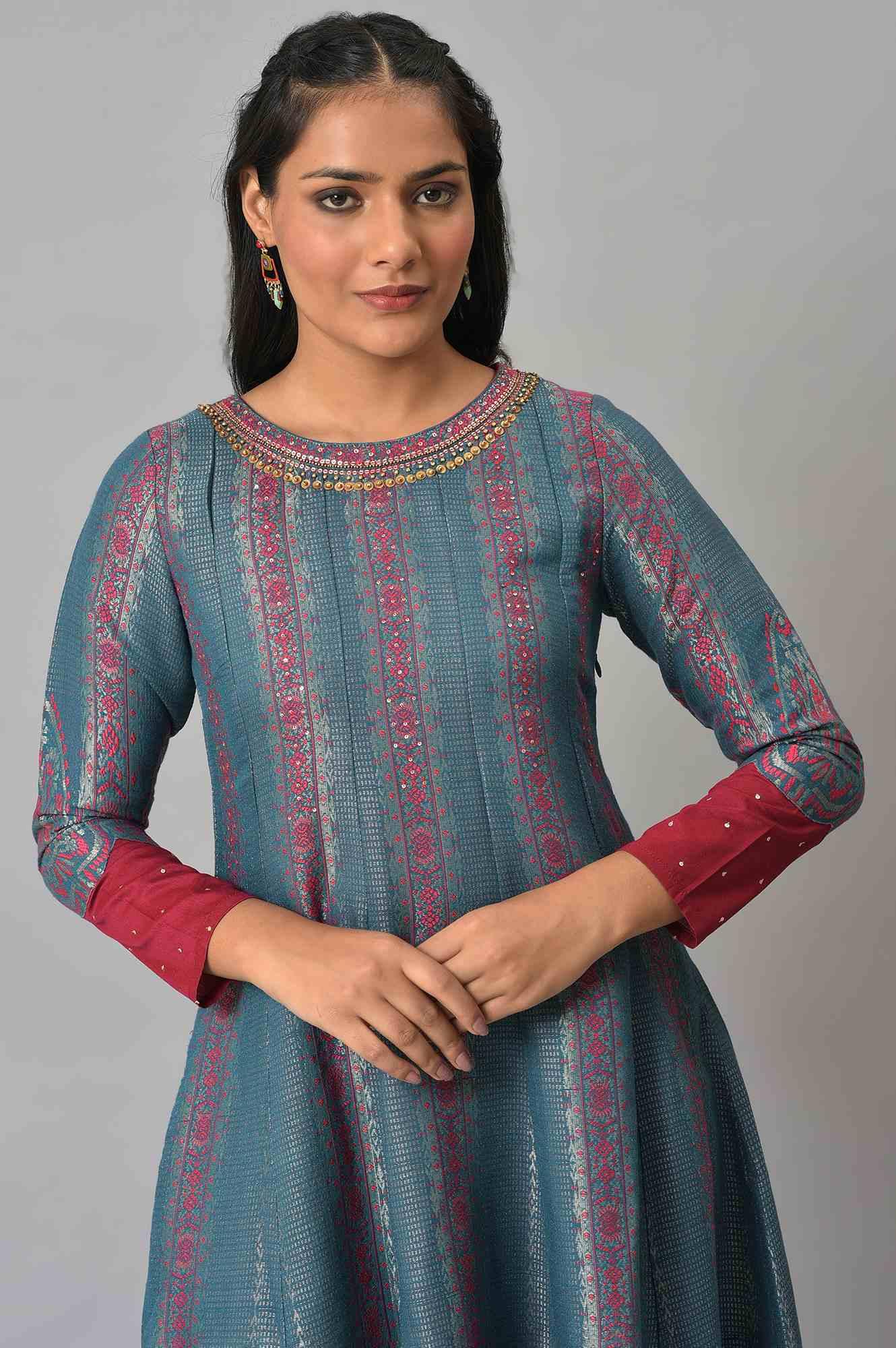 Teal And Pink Panelled Festive Winter Dress - wforwoman