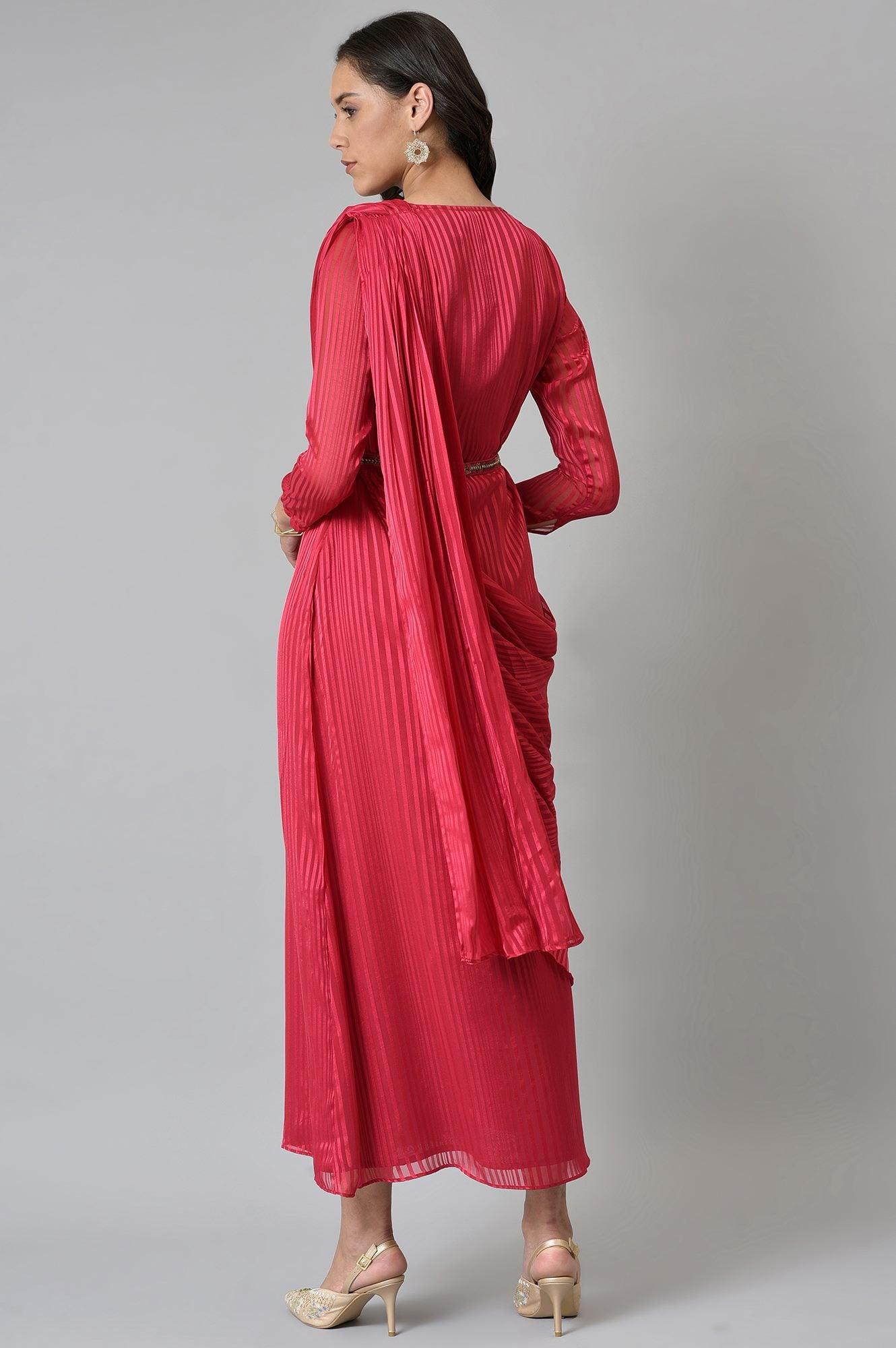 Coral Red Embroidered Predape Saree Dress - wforwoman