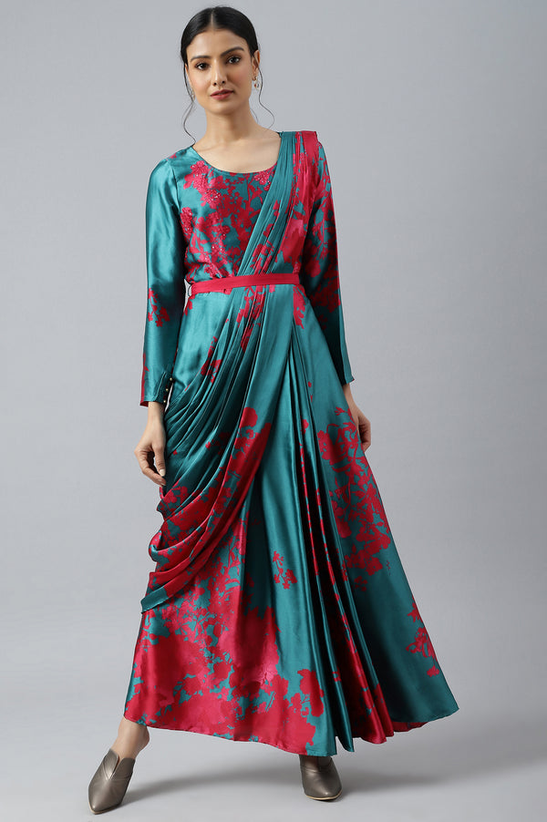 Dark Pink and Green Satin Predrape Saree Dress with Embroidered Belt