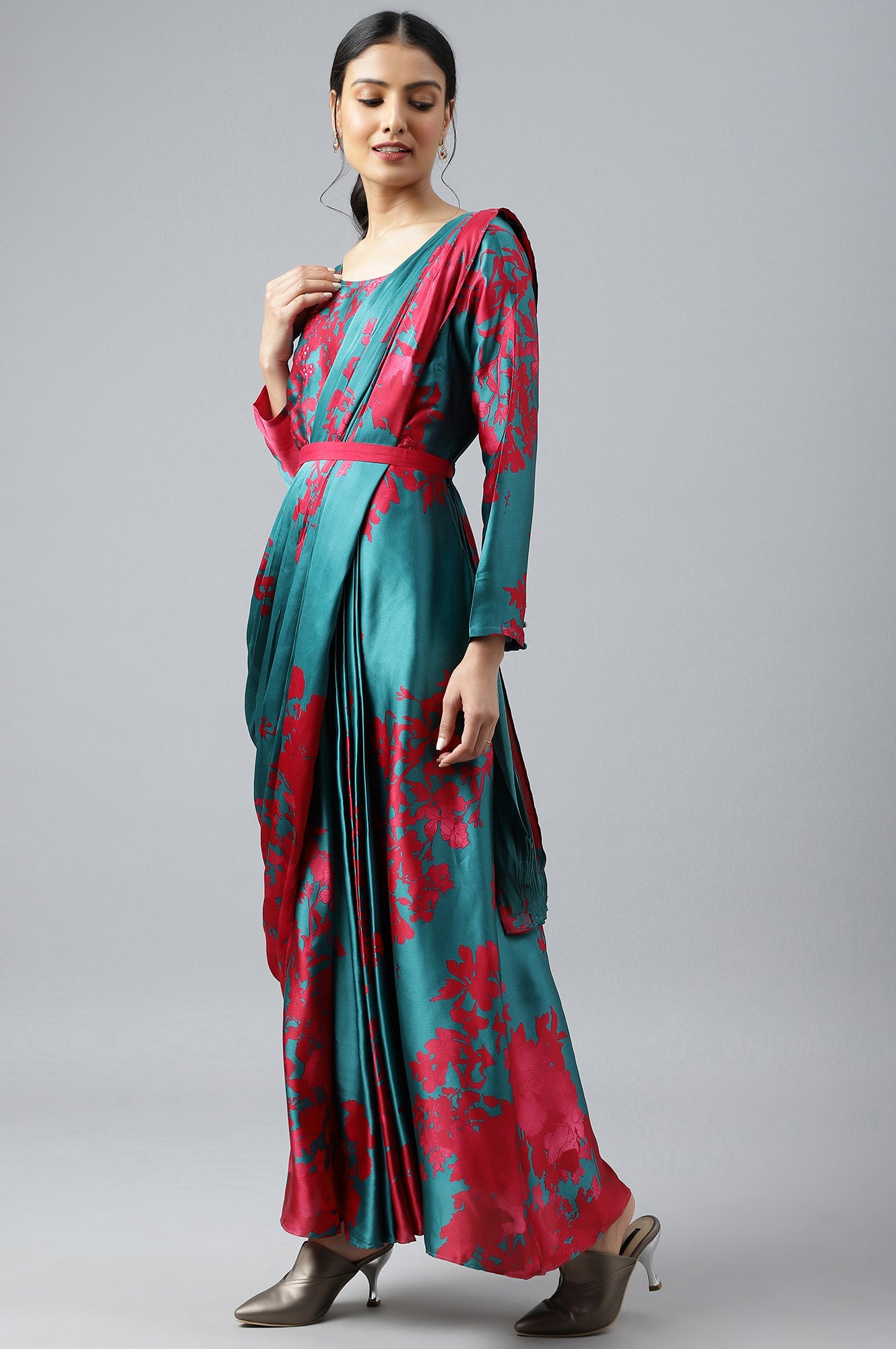 Dark Pink And Gree Satin Predape Saree Dress
