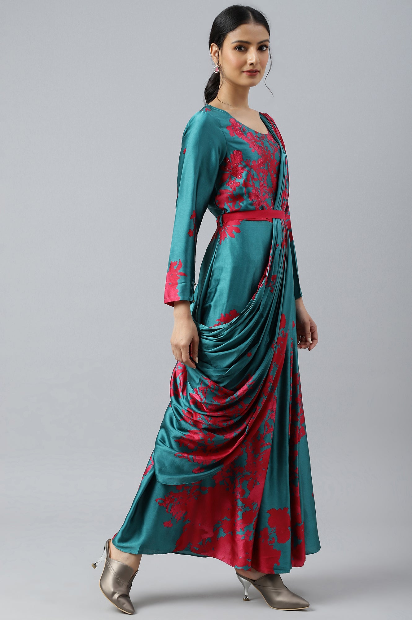 Dark Pink And Gree Satin Predape Saree Dress