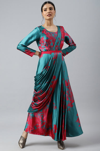 Dark Pink And Gree Satin Predape Saree Dress