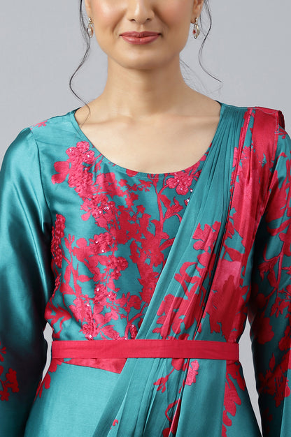 Dark Pink And Gree Satin Predape Saree Dress