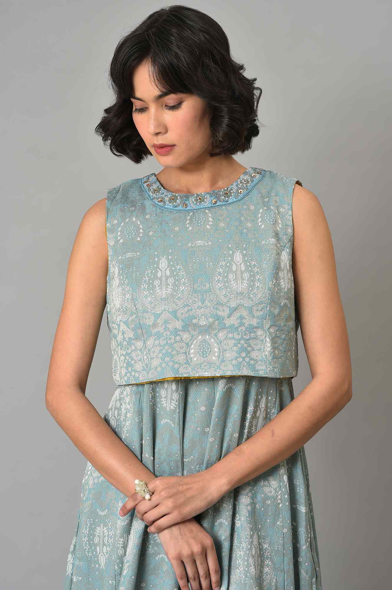 Light Blue Embroidered Cape Cocktail Dress