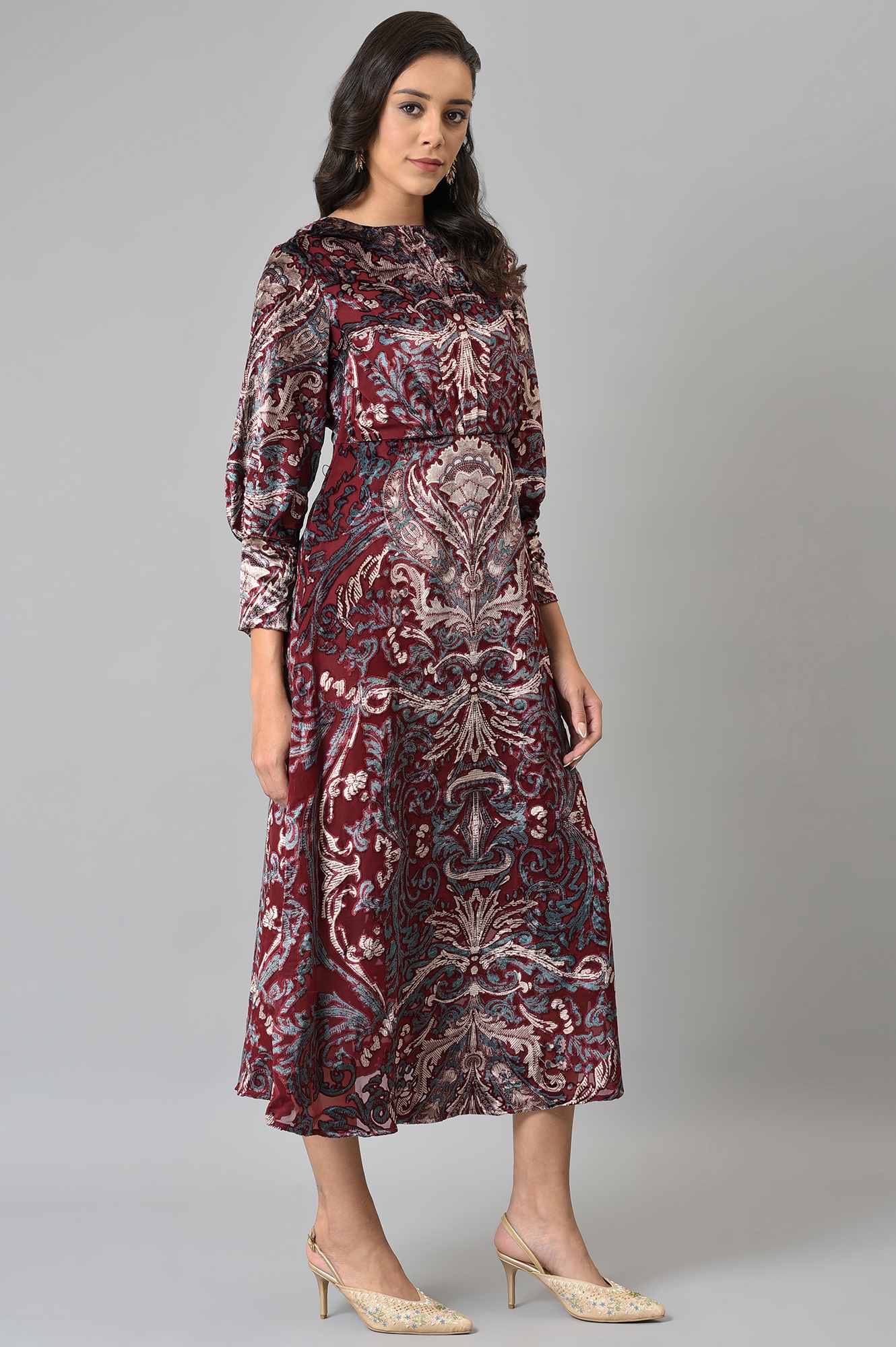 Dark Red Floral Printed Velvet Cocktail Dress