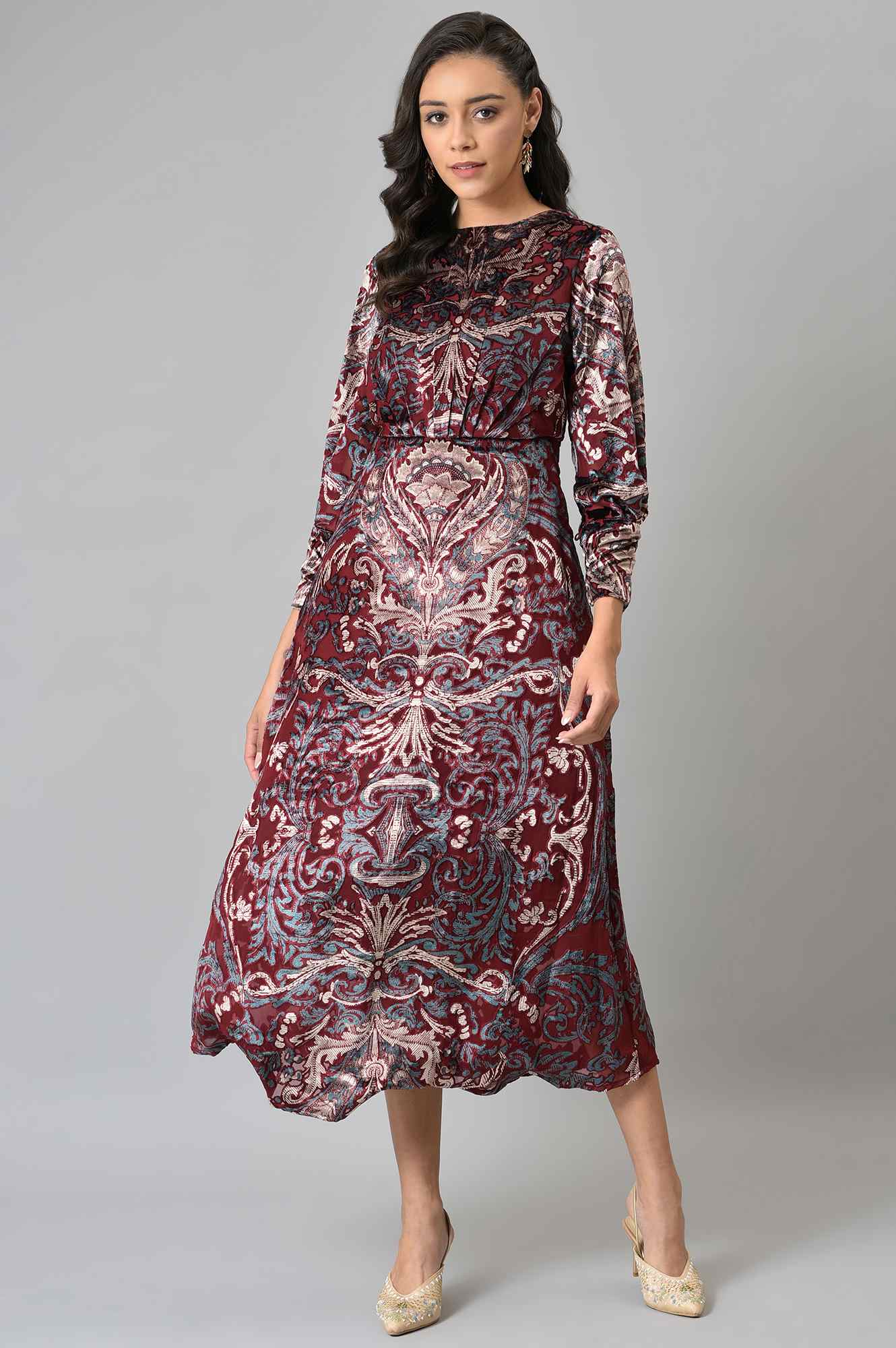 Dark Red Floral Printed Velvet Cocktail Dress