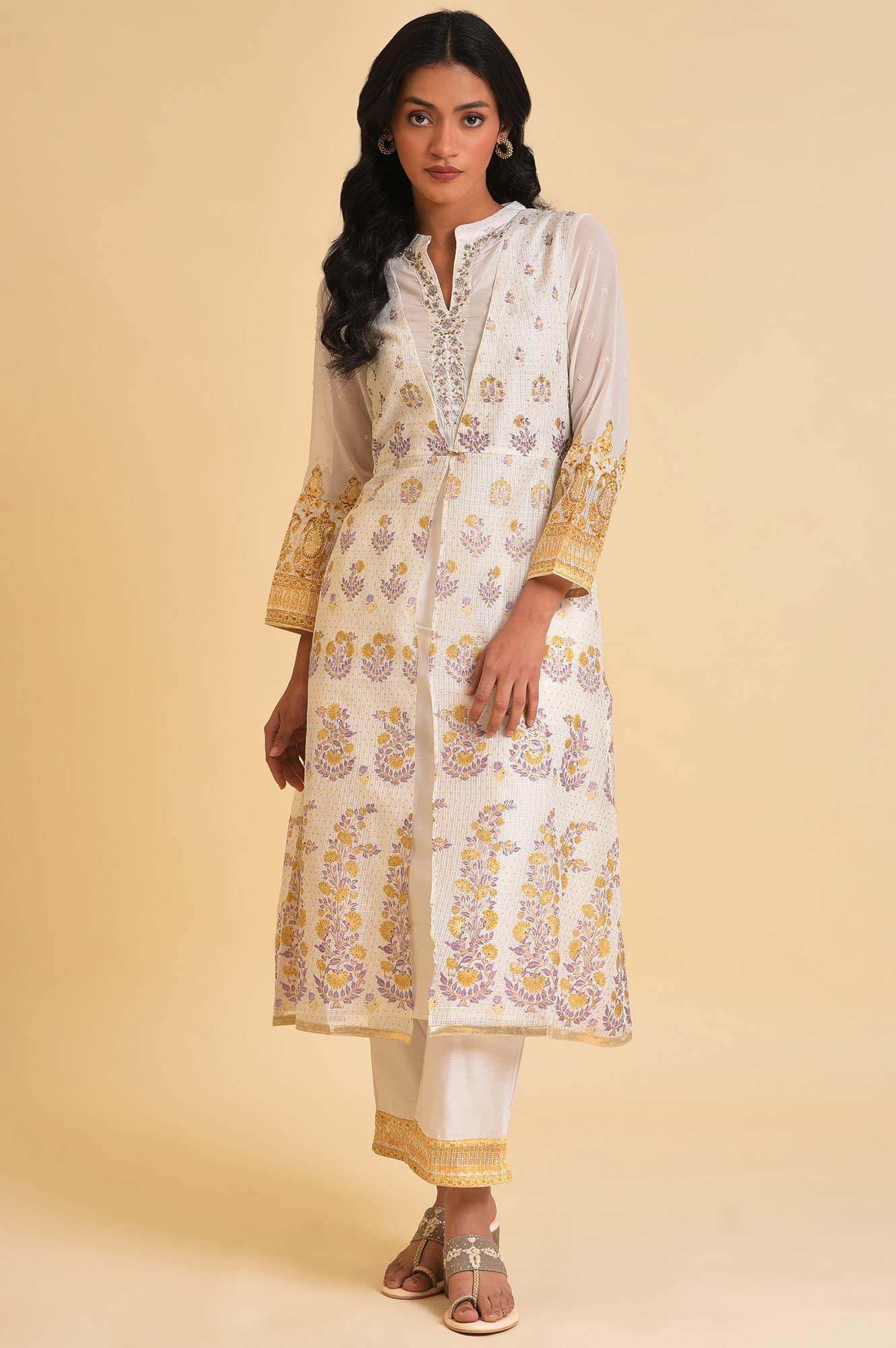 Ecru Mock Layer Printed kurta &amp; Straight Pants Set