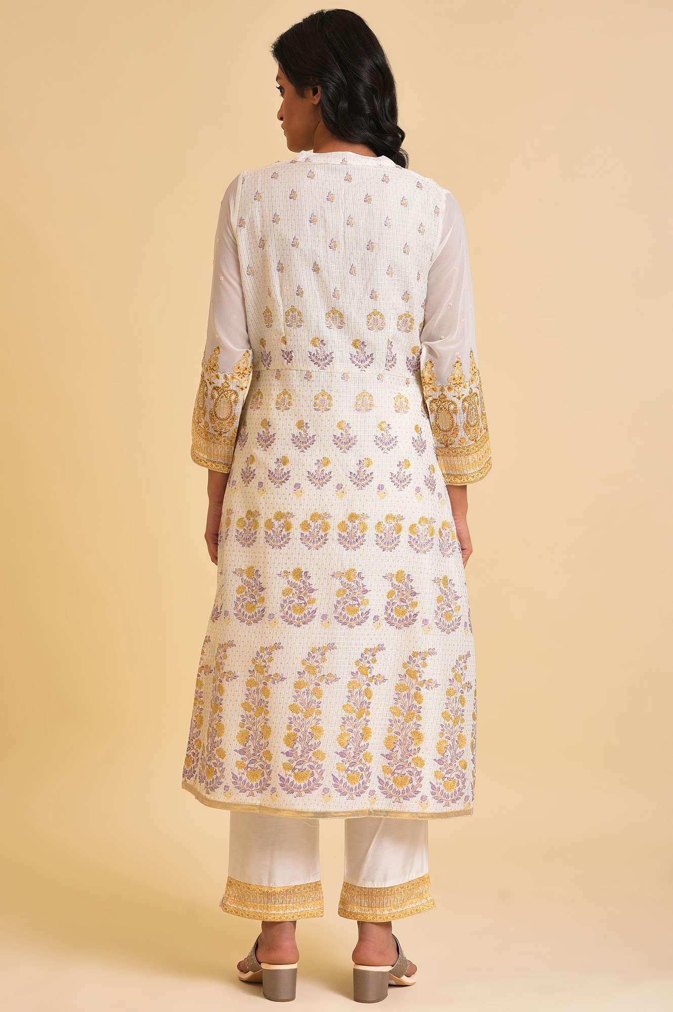 Ecru Mock Layer Printed kurta &amp; Straight Pants Set