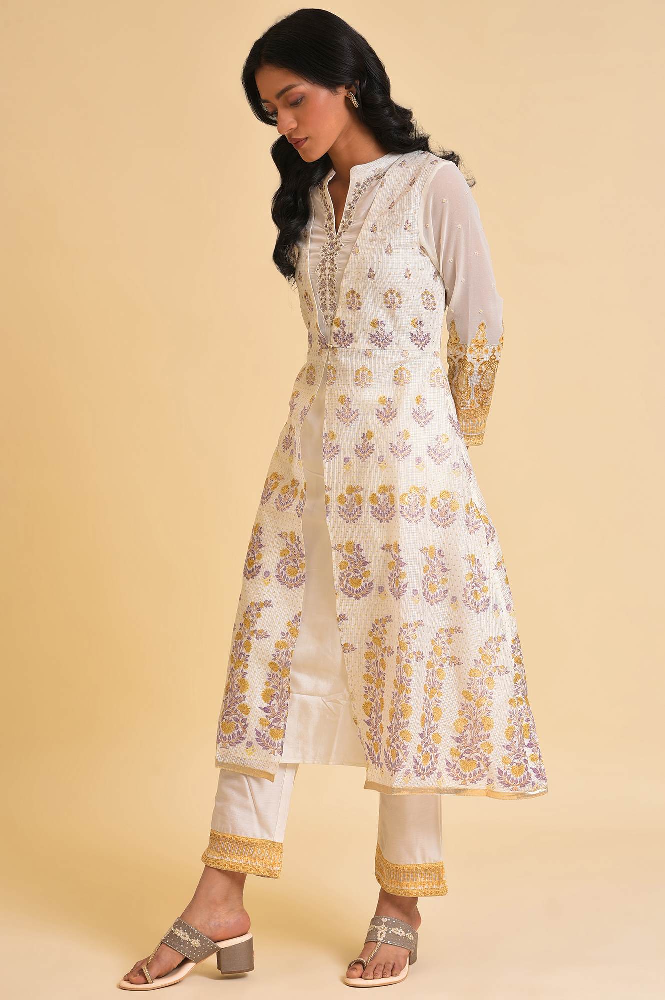 Ecru Mock Layer Printed kurta &amp; Straight Pants Set