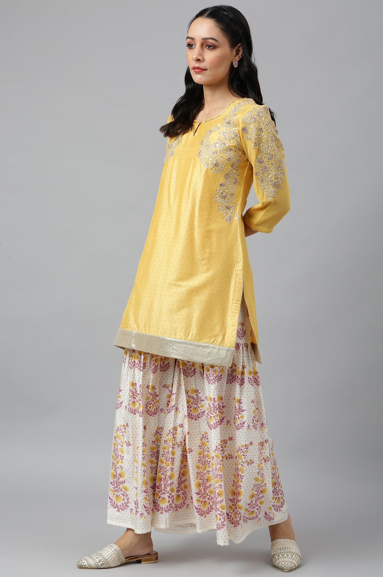 Yellow Dori Embroidered kurta With Ecru Sharara And Dupatta Set - wforwoman
