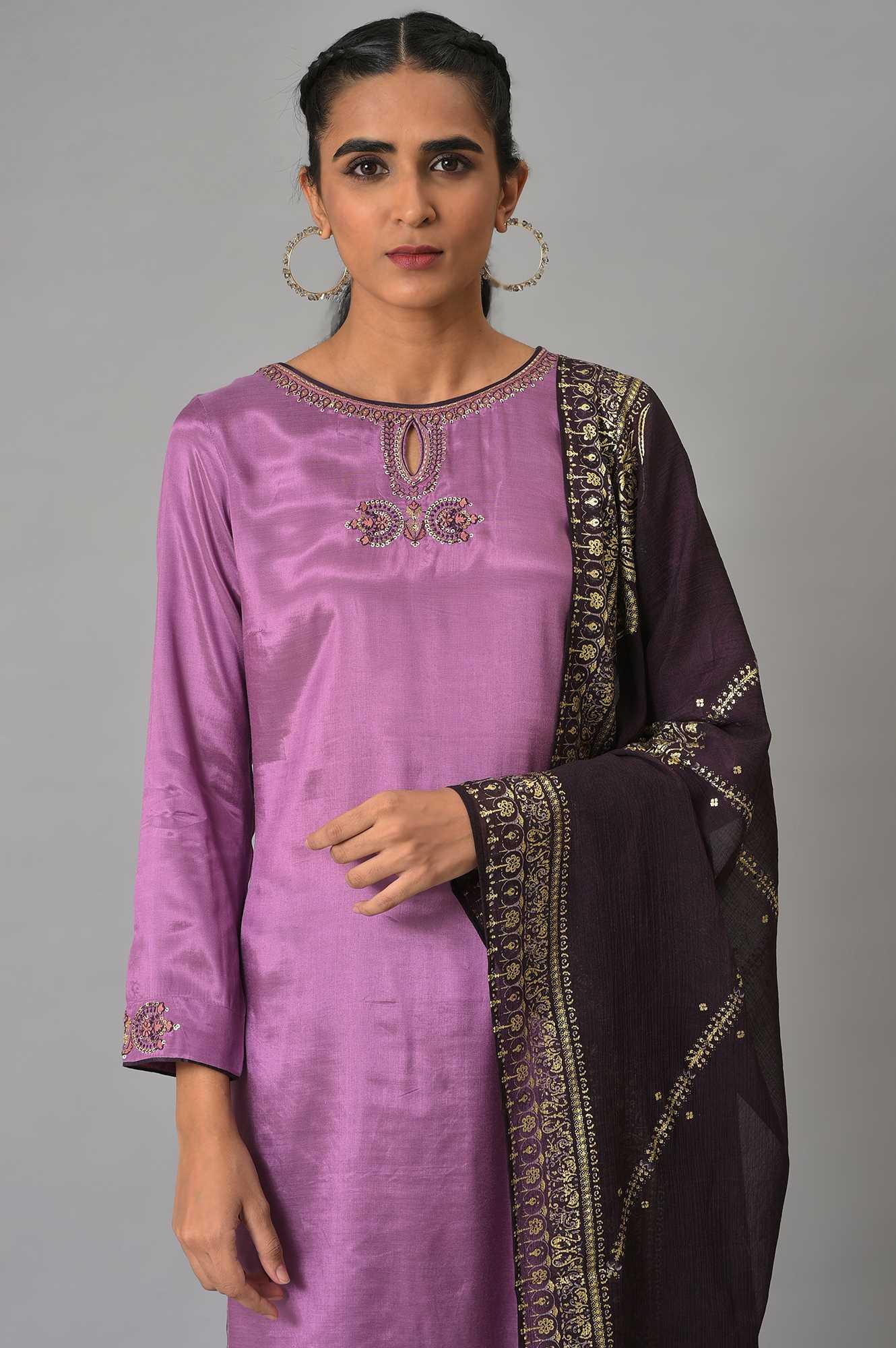 Light Purple Embroidered kurta, Pants &amp; Chiffon Dupatta - wforwoman