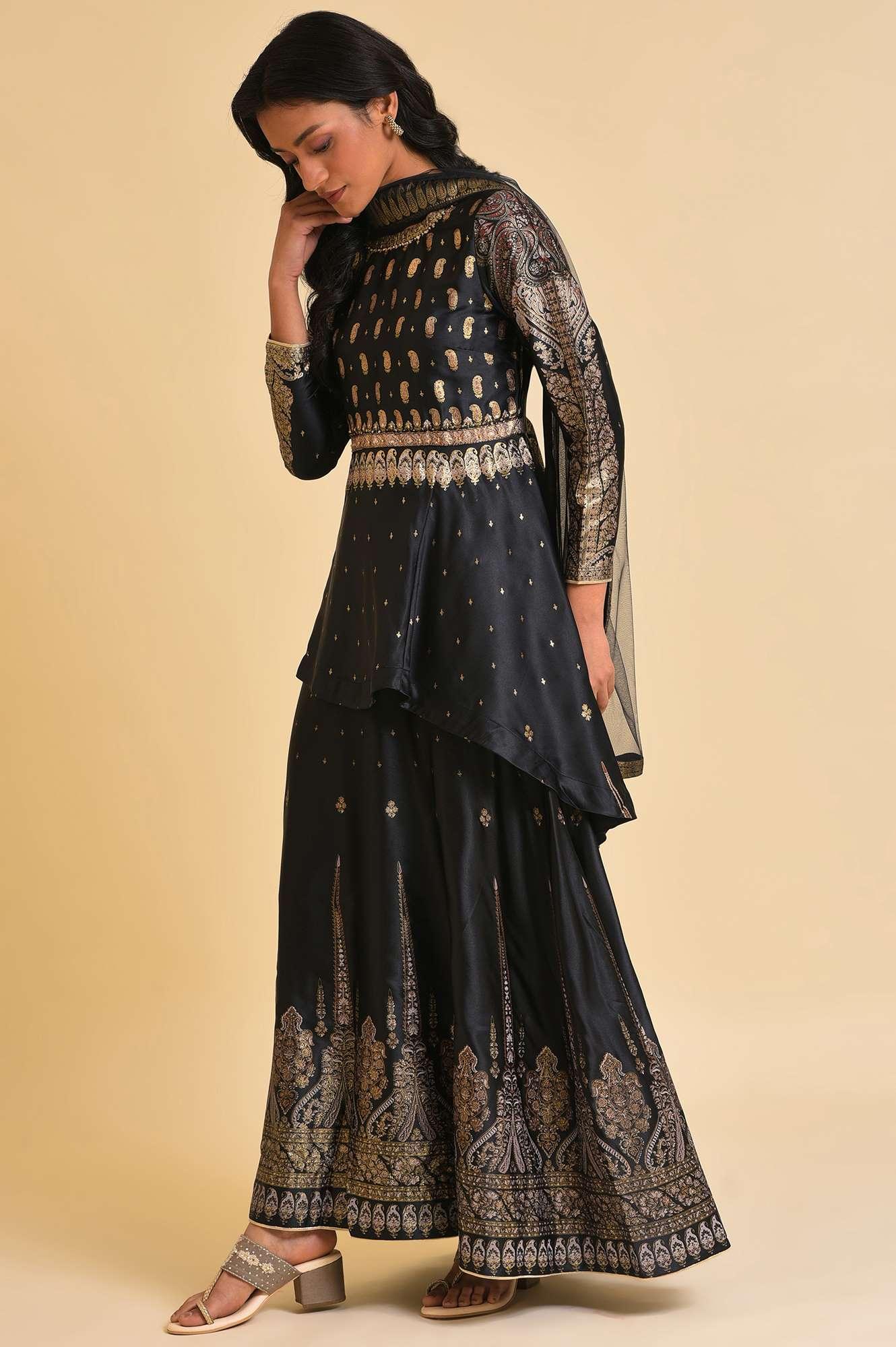 Black Satin Embellished Top With Skirt And Dupatta - wforwoman