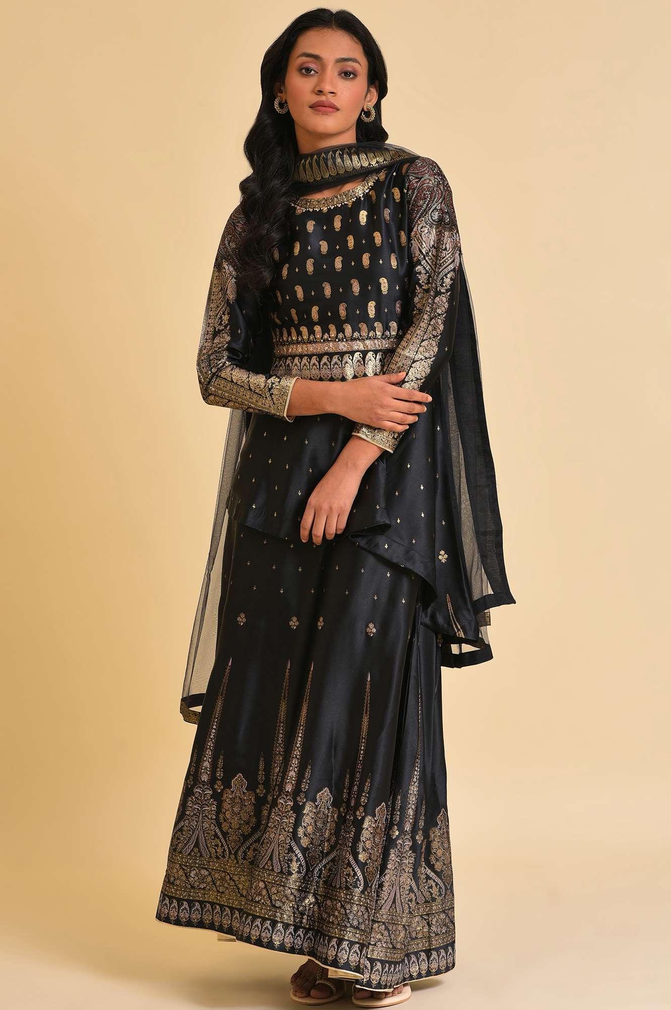 Black Satin Embellished Top With Skirt And Dupatta - wforwoman