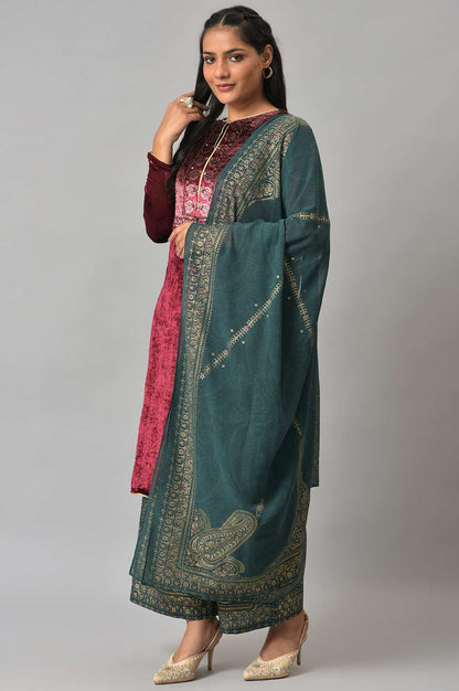 Maroon Velvet Sequined Kurta With Green Parallel Pants And Dupatta