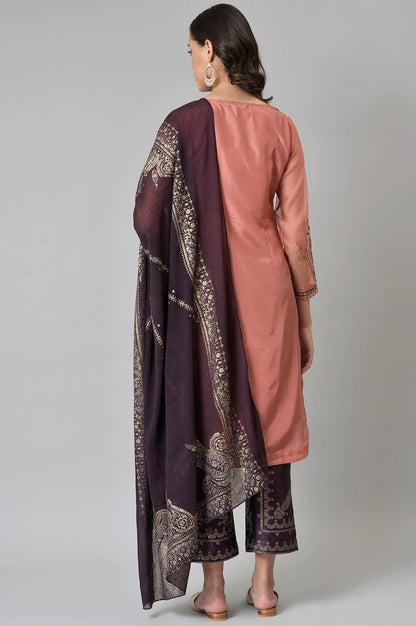 Peach Embroidered kurta With Purple Parallel Pants And Dupatta