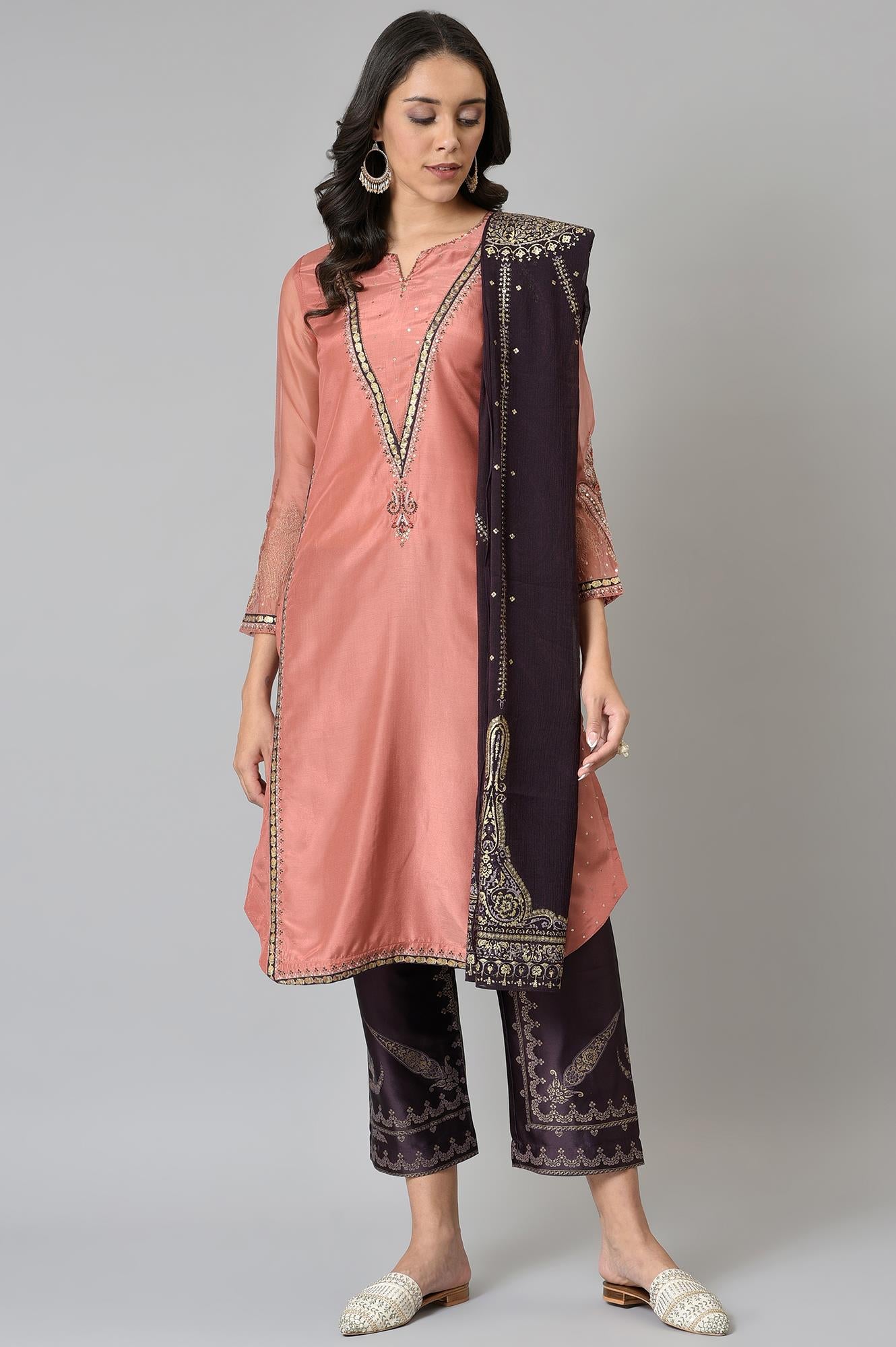 Peach Embroidered kurta With Purple Parallel Pants And Dupatta