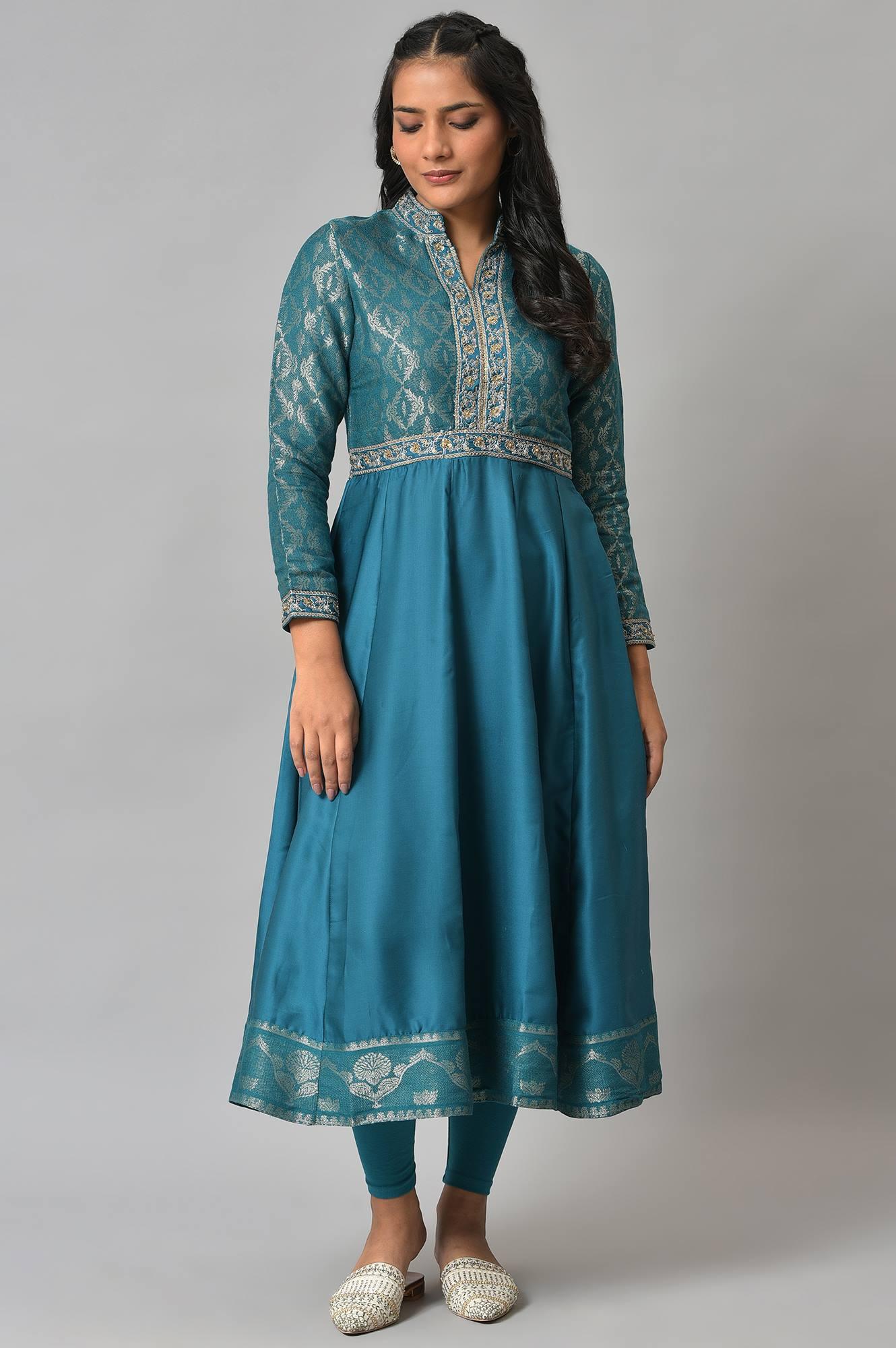 Teal Embroidered Anarkali Mughal Gown With Tights - wforwoman