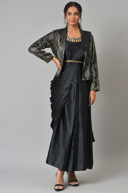 Black Sleeveless Predrape Saree Dress With Belt And Tailored Jacket Set