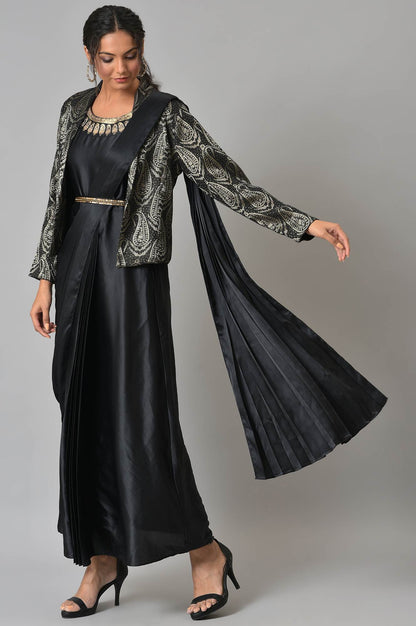 Black Sleeveless Predrape Saree Dress With Belt And Tailored Jacket Set