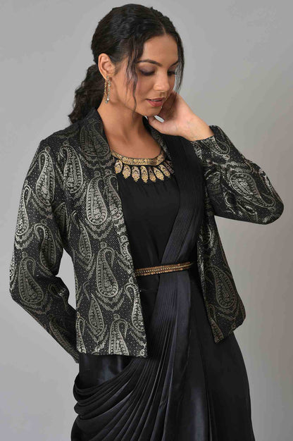 Black Sleeveless Predrape Saree Dress With Belt And Tailored Jacket Set