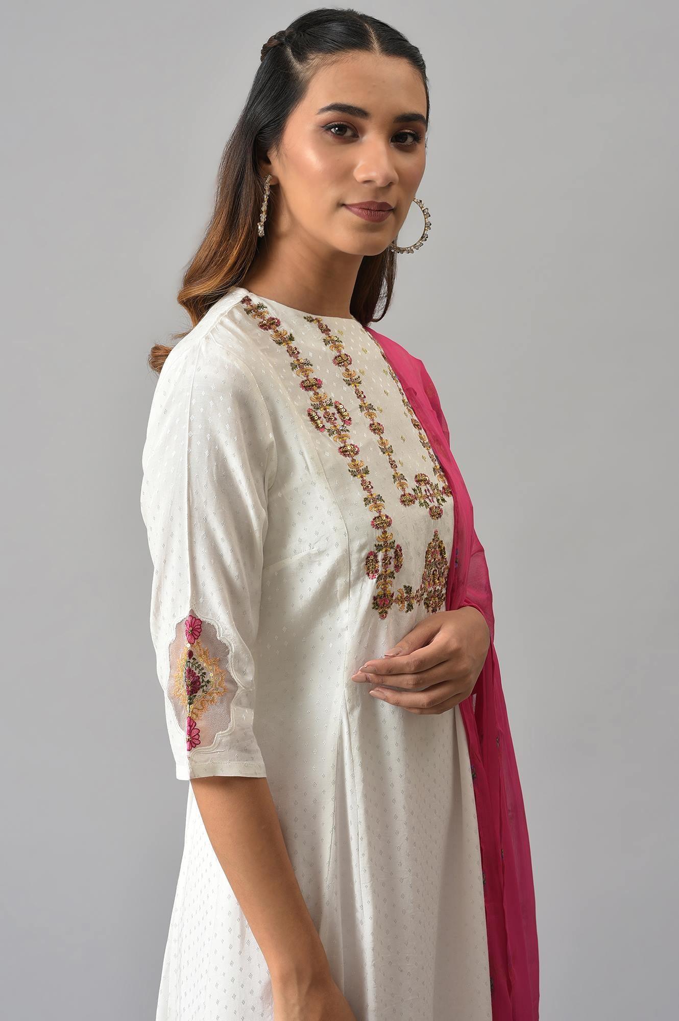 Ecru Embroudered Flared kurta In Round Neck With Tights And Chiffon Dupatta - wforwoman